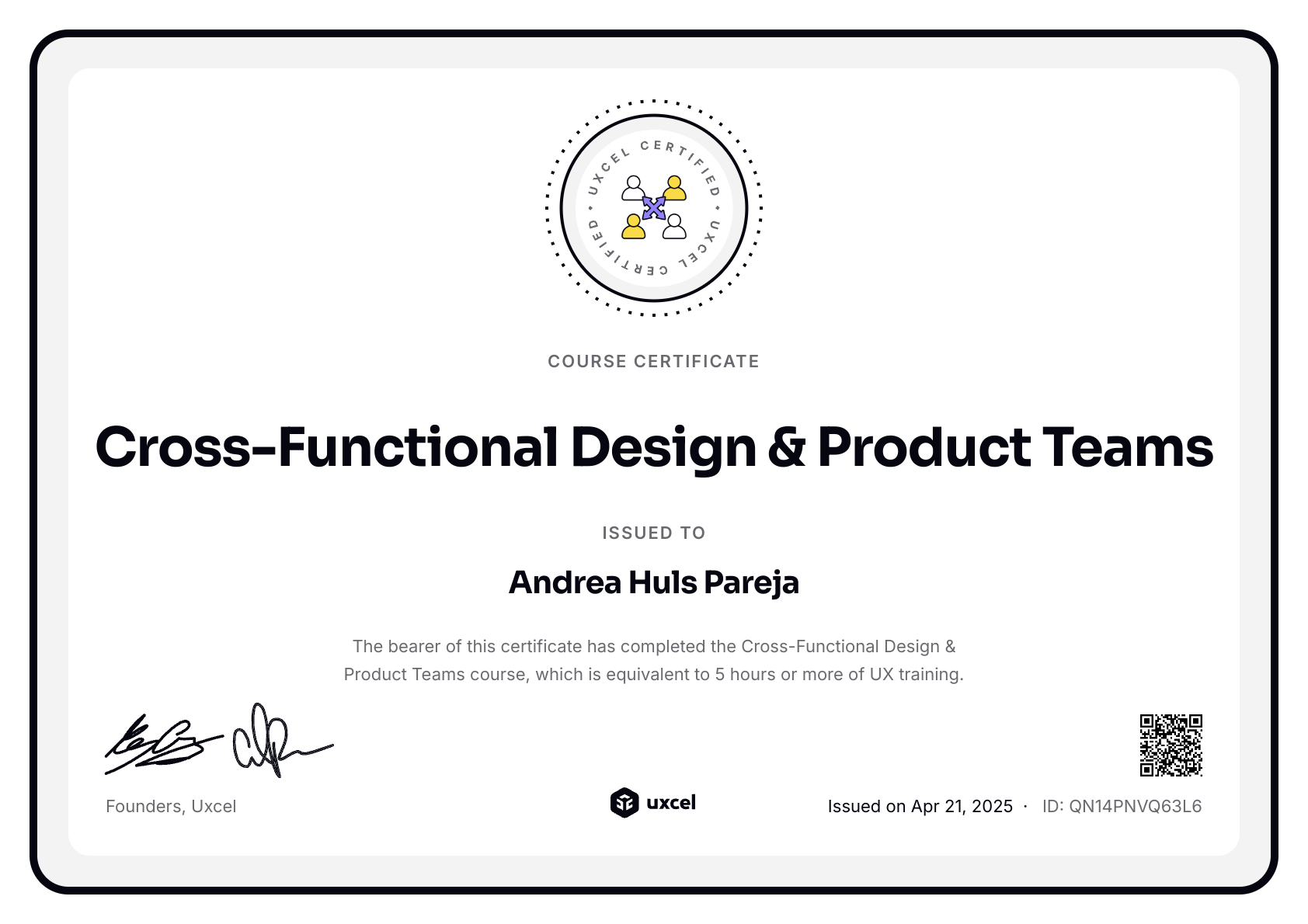 Andrea Huls Pareja's certificate